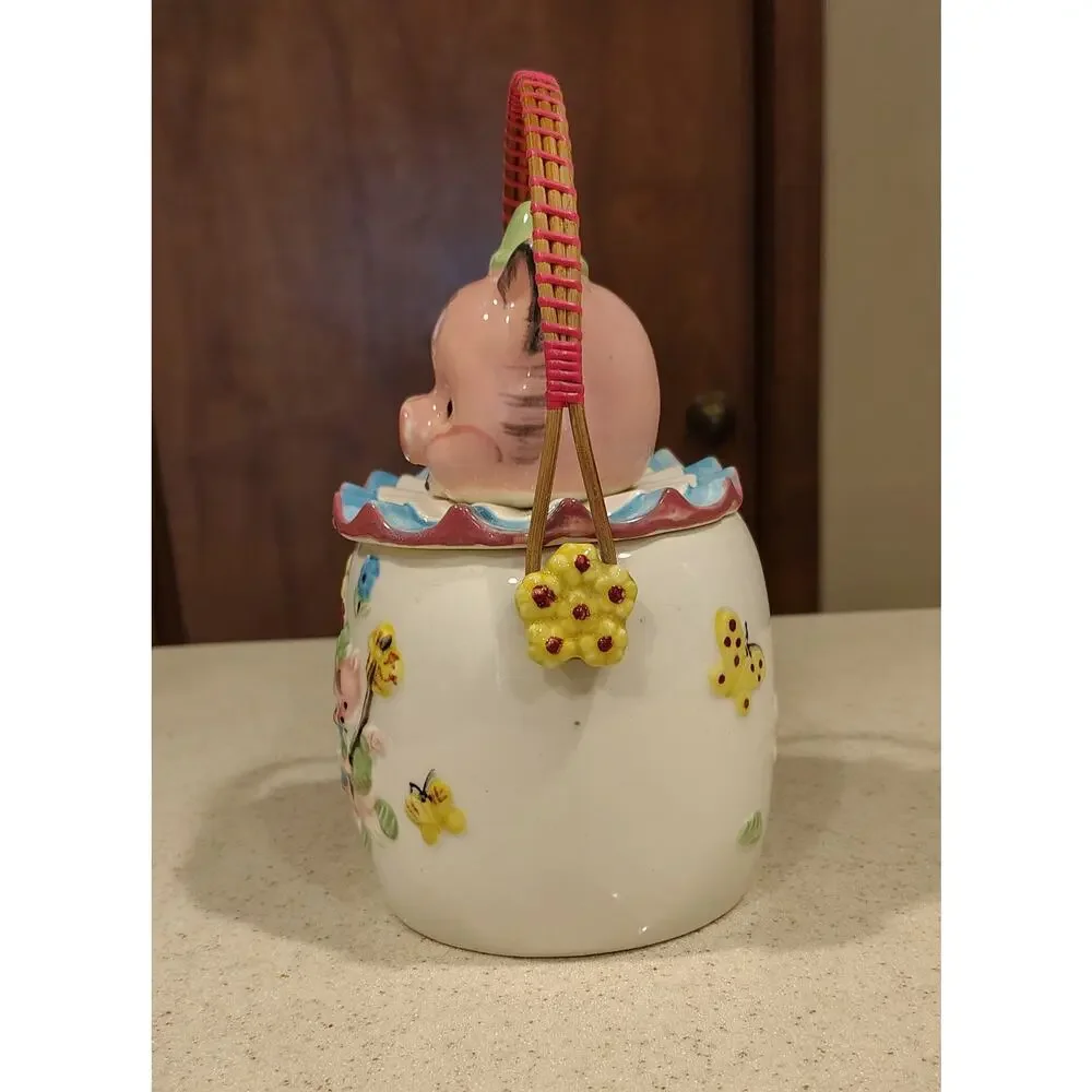 Vintage Lipper & Mann Three Little Pigs Cookie Jar Japan Wicker Handle 1950s